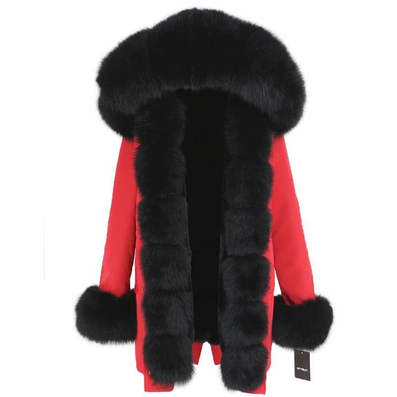 red black OFTBUY, водонепроницаемая длинная парка, зимняя куртка, для женщин, натуральный мех, пальто, натуральный Лисий мех, воротник, капюшон, толстая, теплая, уличная, съемная, Новинка - Цвет: red black