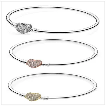 

925 Sterling Silver Bangle Moments Pave Heart Clasp With Crystal Bracelet Bangle Fit Bead Charm Pandora Jewelry