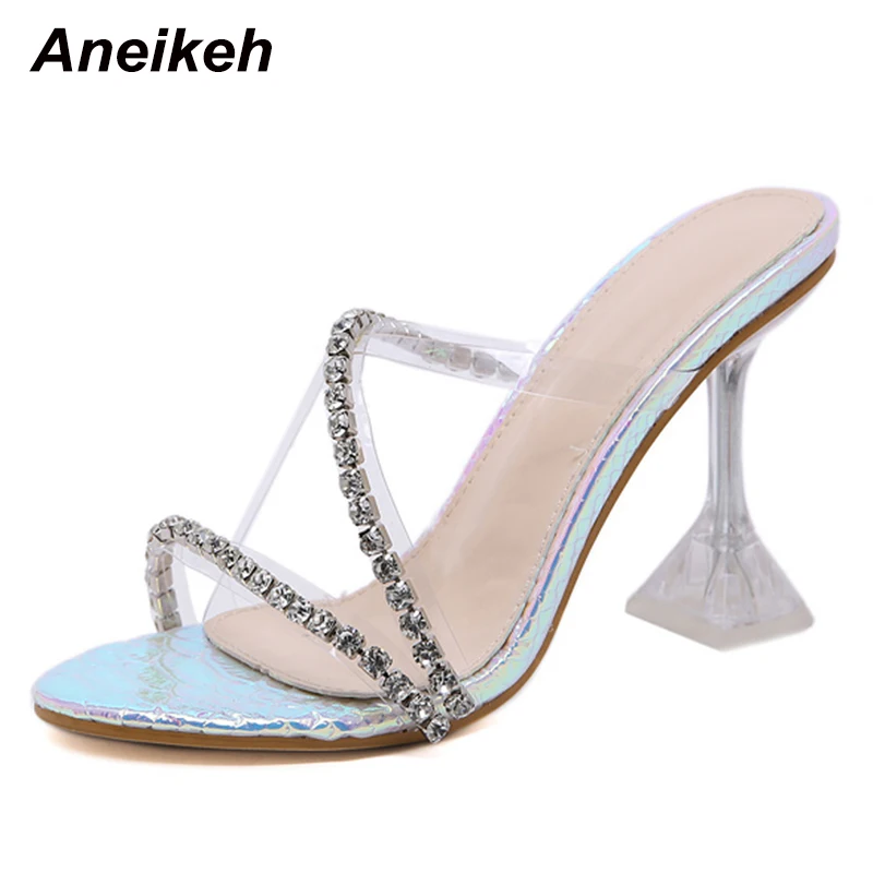 Pink Aneikeh/розовые босоножки без задника на шпильках со змеиным принтом и стразами модная пикантная Свадебная обувь из ПВХ с открытым носком без шнуровки женские сандалии - Цвет: Pink