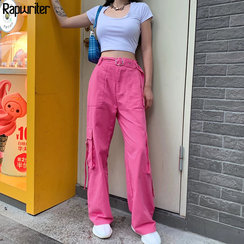 Rapwriter Streetwear Loose Sashes Straight Pant Women 2020 High Waist Trousers Full Length Cargo Pant Pink Buttons Capris Pocket Rapwriter Streetwear Loose Sashes Straight Pant Women 2020 High Waist Trousers Full Length Cargo Pant Pink Buttons Capris Pocket