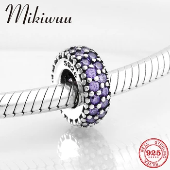 

Real 925 Sterling Silver purple CZ round DIY spacer beads Jewelry making Fit Original Mikiwuu Charm Bracelet