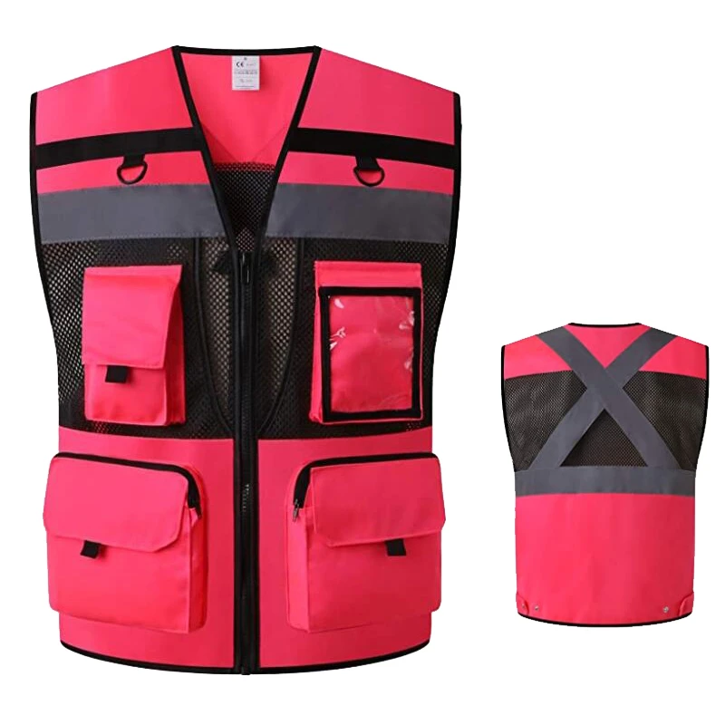 Chaleco reflectante de seguridad para hombre y mujer, prenda de trabajo de malla ANSI clase 2, con Bolsillos y cremallera color rosa| | - AliExpress