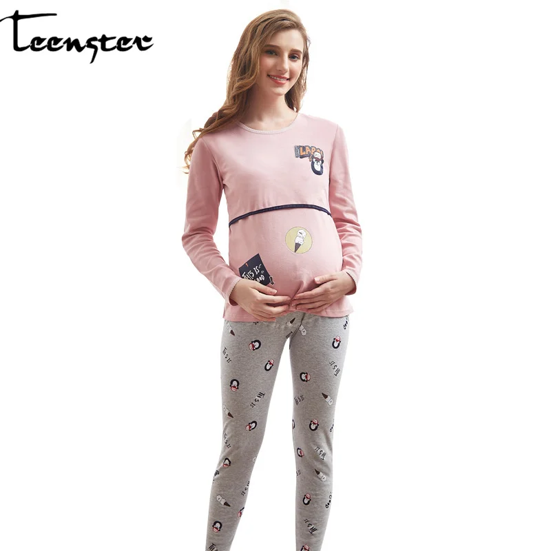 Пижама для кормящих подростков, ночная рубашка с длинным рукавом, ночная рубашка для беременных женщин, комплект одежды для грудного вскармливания, осенние пижамы для беременных