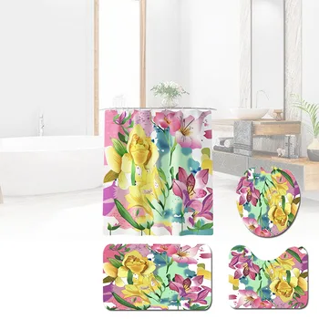 

4pcs Anti Splash Pedestal Rug Waterproof Colorful Mildew Resistant Non Slip Shower Curtain Set Washable Floor Bath Mats Floral