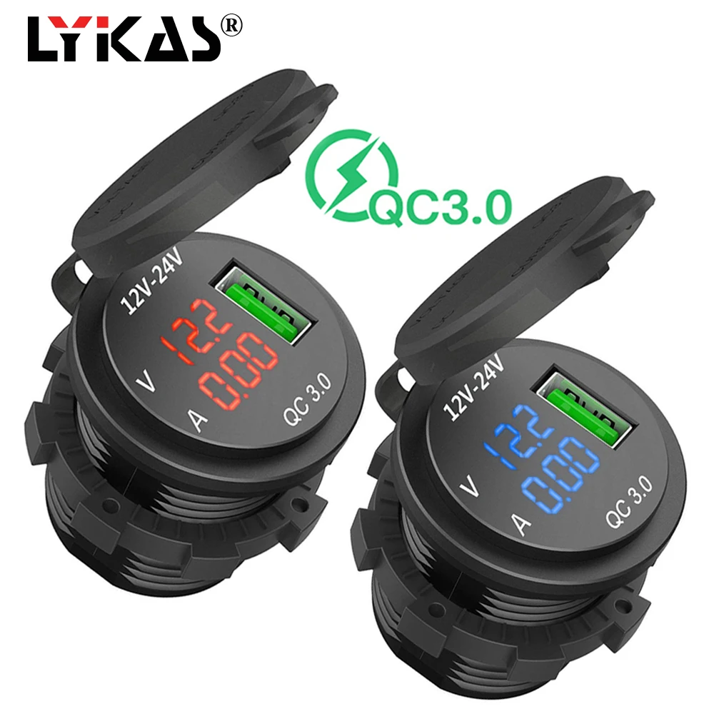 

LYKAS Car USB Charger Voltage Current Meter Phone USB Power Adapter Socket for 12v 24v Motorcycle ATV