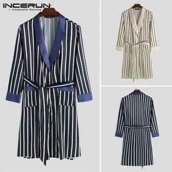 

INCERUN Men Robes Fashion Nightgown Casual Striped V Neck Long Sleeve Soft Homewear Bathrobes Loose Men Pajamas Kimono S-5XL