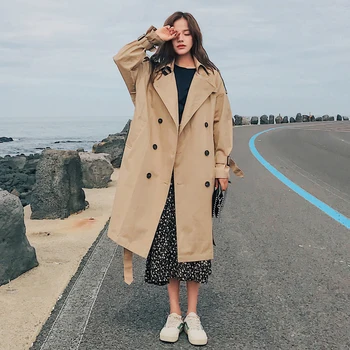 

Fashion Brand New Women Trench Coat Long Double-breasted Belt Blue Khaki Lady Clothes Autumn Spring Outerwear Oversize Quality