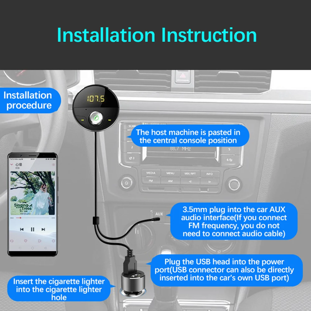 Автомобильный MP3 bluetooth-плеер с кабелем, без рук, адаптер для прикуривателя, USB, FM, AUX, MP3, для аудио, светодиодный дисплей HY62