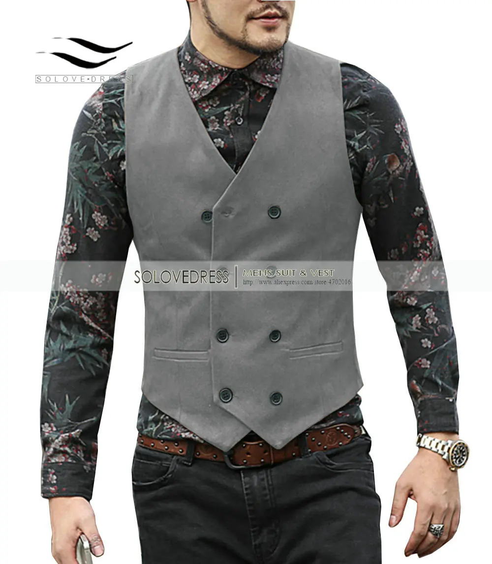 2024 New Men's Vest Suede Suit Vest Casual Double-breasted V-neck Waistcoat Classic/vintage/Denim jacket  Groomsmen ，Brown 3