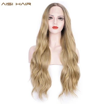 

AISI HAIR Long Ombre Blonde Wavy Wig Lace Wigs for Women Synthetic Dark Brown Mixed Color Roots Wig for Daily Party Hair