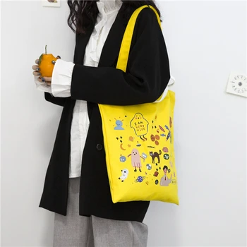 

Women Shoulder Bags Casual Totes Cotton Canvas Women Yellow Bags Harajuku Handmade Handbag Cartoon Ladies Simple Shopping Bags