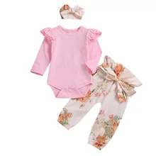 Розовые комплекты одежды для маленьких девочек топы, комбинезон, боди, штаны с цветочным рисунком повязка на голову, комплект одежды из 3 предметов, комплект одежды для новорожденных девочек