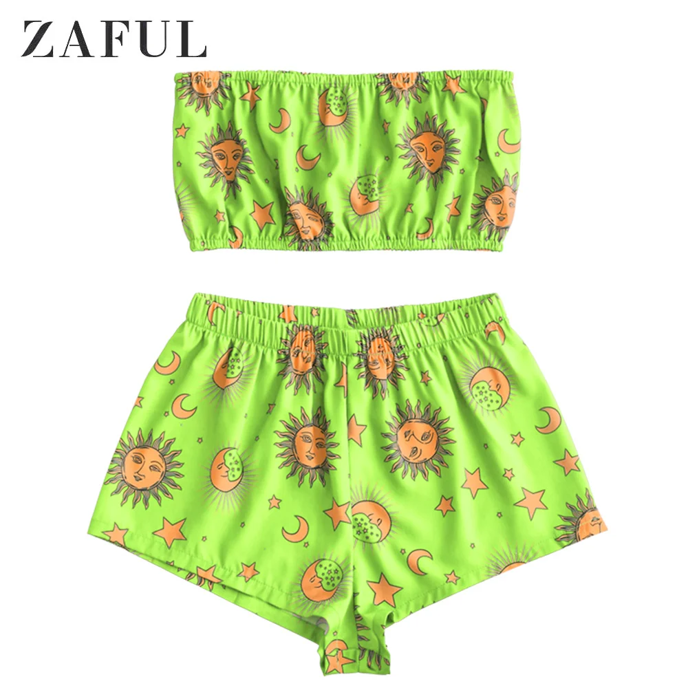 Green Yellow ZAFUL звезда, солнце и луна топ-труба и шорты Комплект - Цвет: Green Yellow