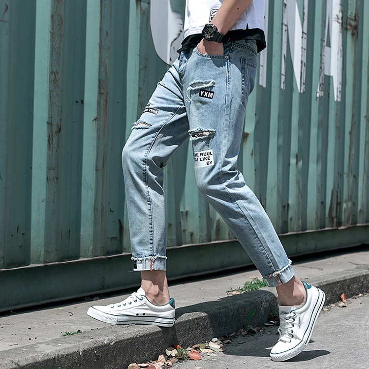 Nice Pop Vogues Spring And Summer Fashion Korean Couple Nine Points Broken Hole Slim Casual Jeans Hip Hop Streetwear Recommend