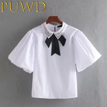 

PUWD 2020 Spring and summer new women's small fresh bow decoration small white shirt poplin horn sleeve top