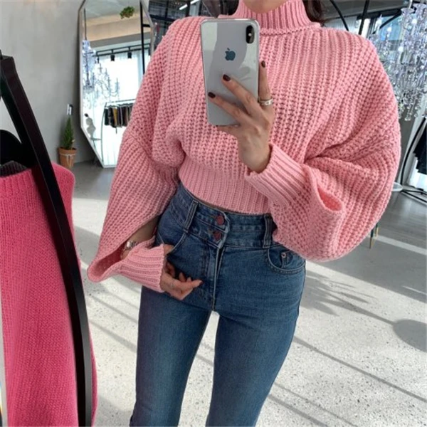 Розовый RUGOD Korean solid sweater women elegant lantern sleeve single-breasted turtleneck pullover Fashion auturm women clothes - Цвет: Розовый