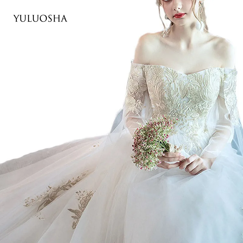 

Женское свадебное платье YULUOSHA, кружевное платье с длинным рукавом, вырезом лодочкой и аппликацией, элегантное платье невесты, 2020
