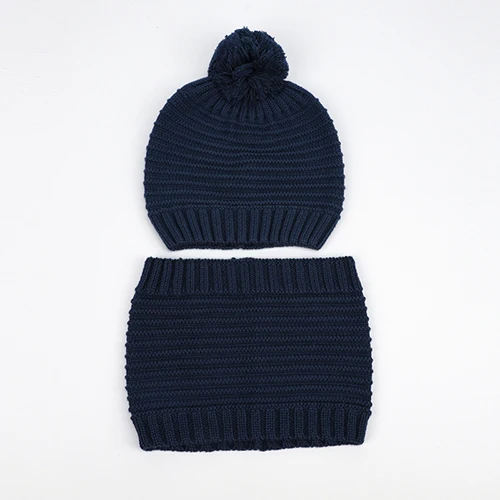 dark blue set Модная шапка, шарф, набор для мальчиков и девочек, зима-осень, вязаная шапка с помпоном, теплый хлопковый лыжный аксессуар для малышей - Цвет: dark blue set