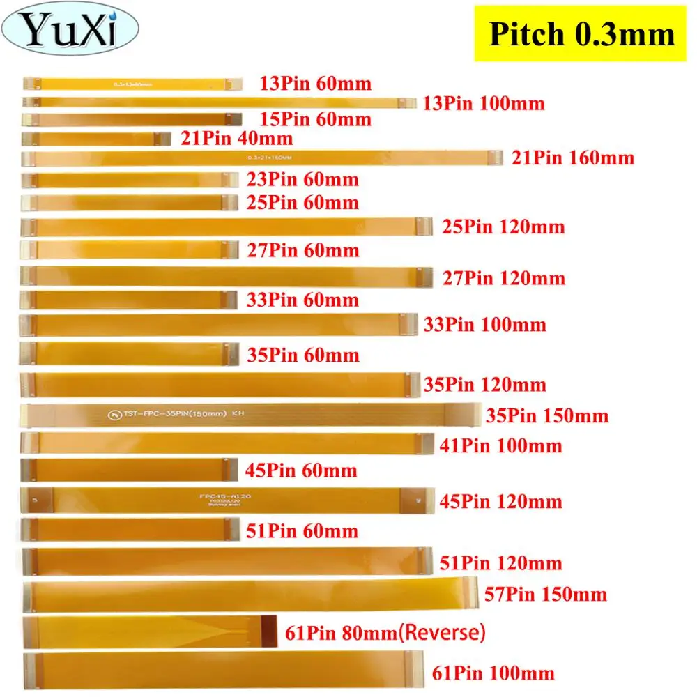 

YuXi 0.3mm pitch 13 21 23 25 27 21 33 39 45 51 Pin FFC FPC Flexible Flat Cable Gold plated Ribbon Cable