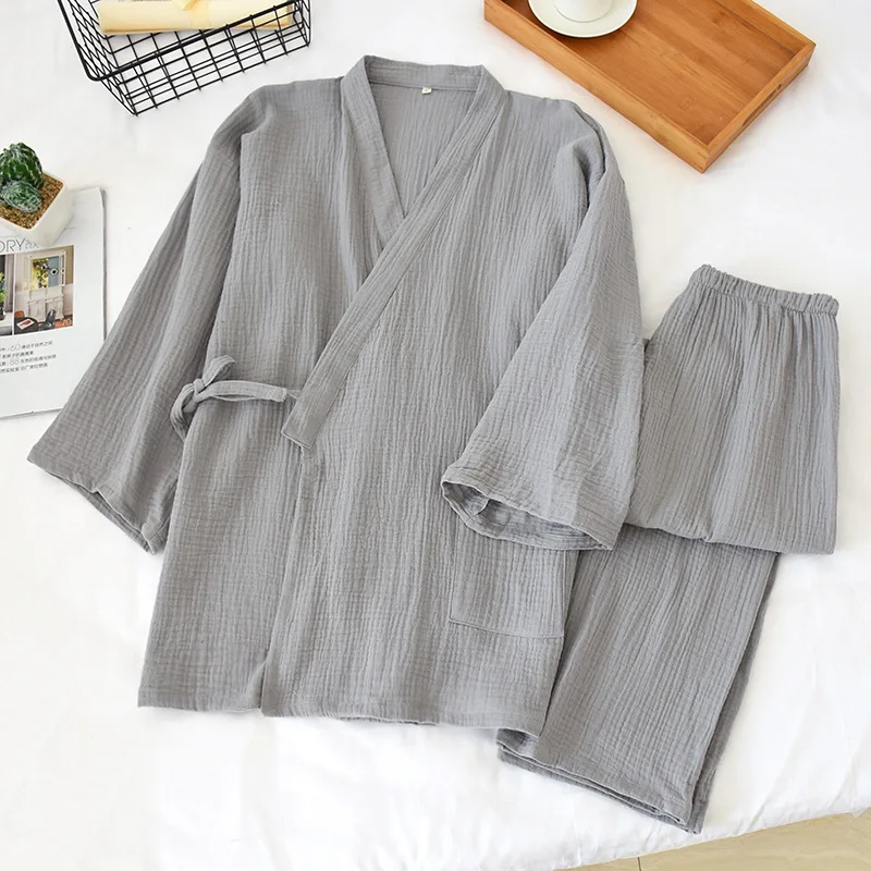Men Long Sleeve Pajamas Spring V-Neck Cotton Solid Nightwear Plus Size Loose Sleepwear 2 Piece Lounge Set Gauze Kimono Suit