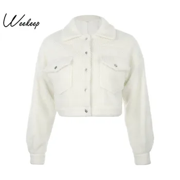 

Sexy Pockets Patchwork Single Breasted Turn Down Collar Jacket Women Warm Faux Fur Winter Cropped Streetwear Coat Jackets