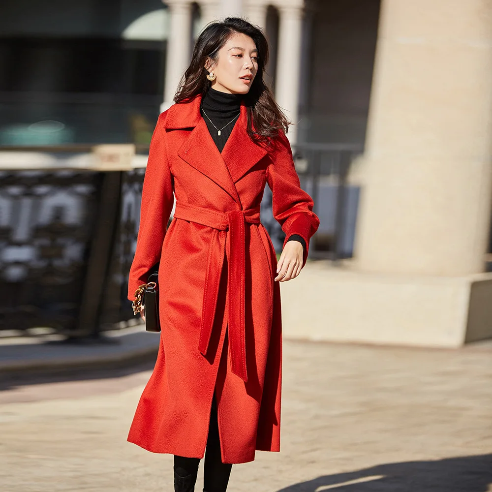 Черное длинное пальто из шерсти, Женское зимнее пальто верблюжьего цвета, женское красное пальто с поясом, роскошное теплое Женское шерстяное пальто sobretudo - Цвет: Red