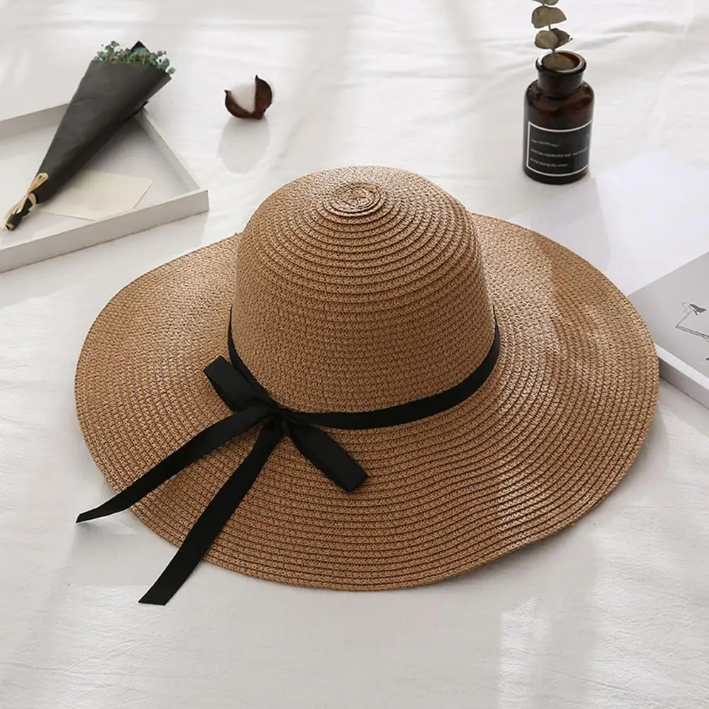 NewWomen Summer Travel Beach Casual temperament UV Protection Bowknot Wide Brim Straw Hat Sun Cap кепка женская 2021 |
