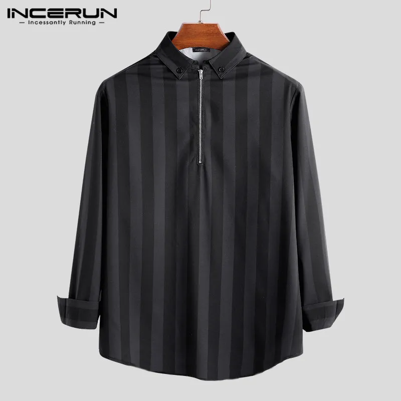  INCERUN Men Striped Shirt Long Sleeve Turn-down Collar Zippers Fitness Blouse Fashion Street Style 