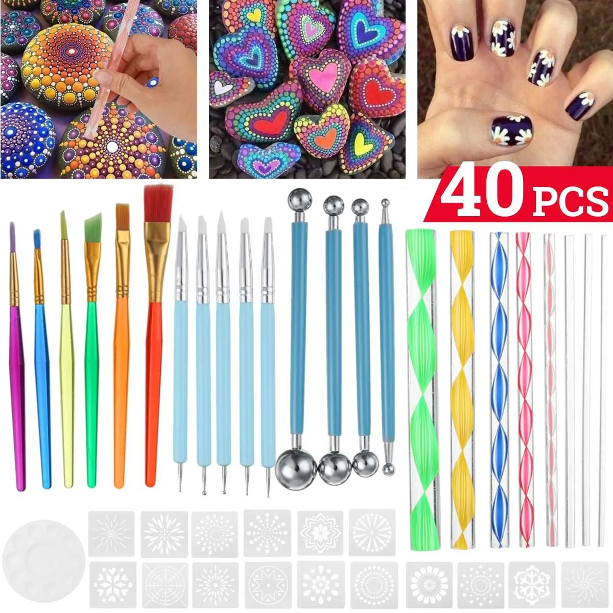 74 Pcs Mandala Dotting Tools Set Dotting Pens Brush Acrylic Rods Color Brush Nail Art For