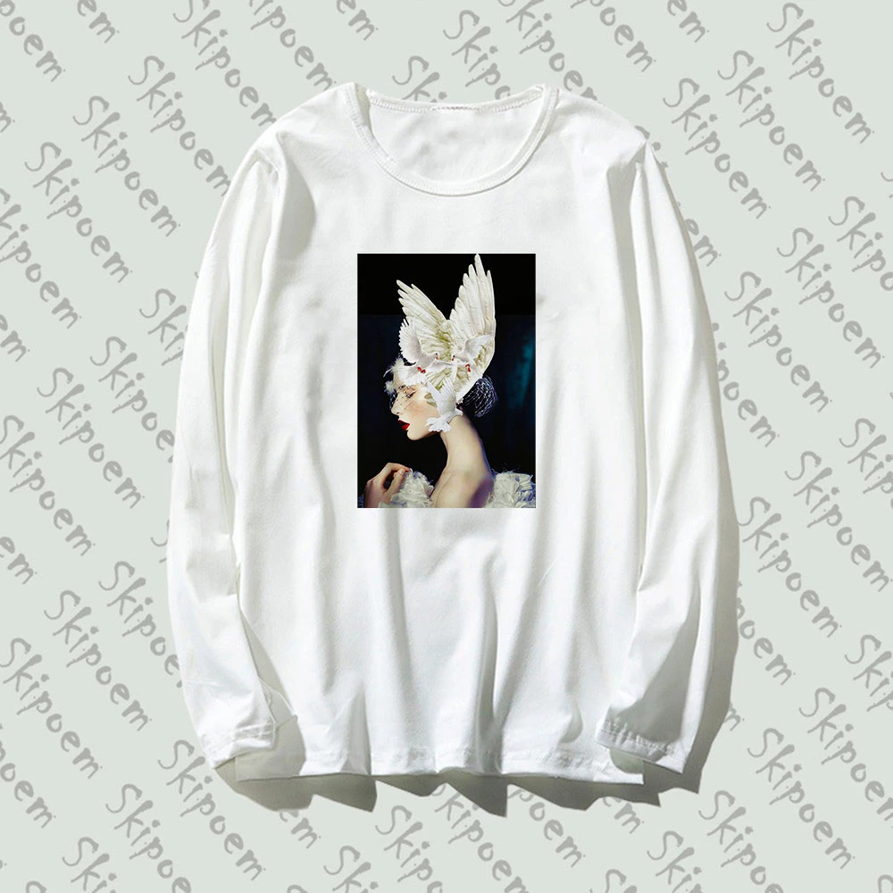 

2019 New Long Sleeve Female T Shirt Wings With Sexy Woman Funny Simple Artwork Print Style Print Cotton Top Tee Casual O Neck