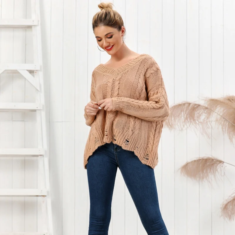Women Sweater Autumn Winter Knitted Pullover Sweater Loose V Neck Sweater Top Jumper Pull Femme For Women