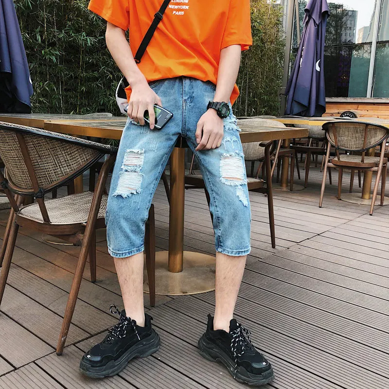 80% OFF Summer Jeans Men's Slim Fashion Washed Solid Color Casual Hole Jean Pants Men Streetwear Wild Hip Hop Straight Denim Pants Mens