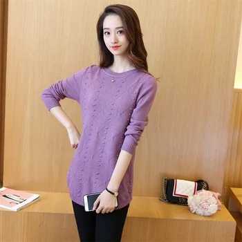 

2019 Autumn And Winter New Style Korean-style Slim Fit Mid-length Sweater Women's Pullover O Neck Crew Neck Sweater Base Jacket