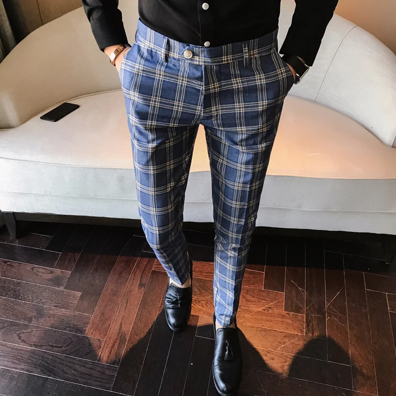 Men's Plaid Slim-Fit Pencil Pants Formal Casual Wedding Business Skinny Trousers 