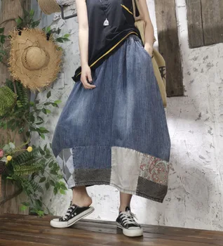 

2020 Spring New Model Artistic Floral Applique Striped Denim Skirt Bubble Skirt Women Midi Big Loose Elastic Waist Skirt