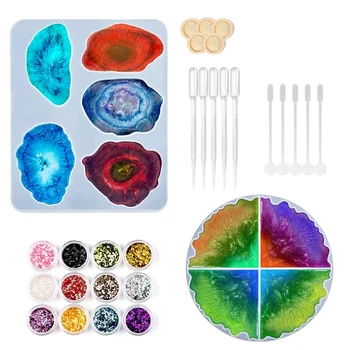 

29PCS Silicone Resin Molds Set, 2PCS Large Size Irregular Coaster Molds,12PCS Glitter Sequins and 15PCS Resin Tools Kit