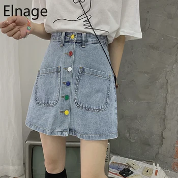 

Elnage Spring Summer 2020 New Retro Korean Style Button Pocket Blue High Waist A-line Small Denim Skirt 5A049