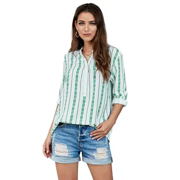 

Shirt Indie Folk Striped Womens Tops and Blouses V-Neck 2020 fashion summer clothing women Cotton Polyester pullover Blouses