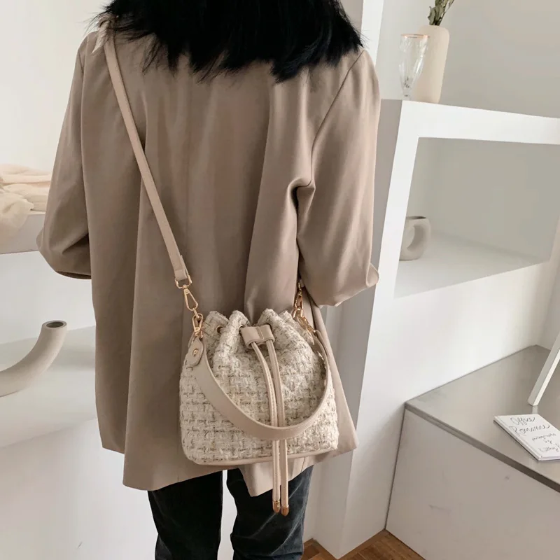 

Versatile New Arrival Woolen Women's 2019 Autumn And Winter New Style Textured Weaving Bucket Bag Korean-style Western Style WOM