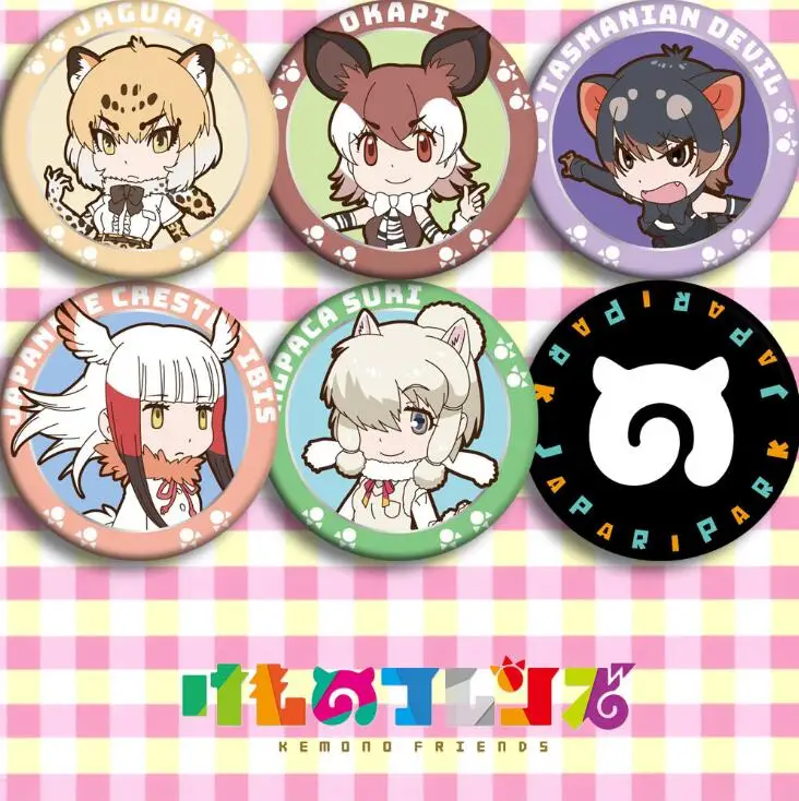 6 шт./1 лот аниме Kemono Friends Jaguar Okapi Tasmanian Devil Alpaca Suri фигурка 4975 значки круглая брошь