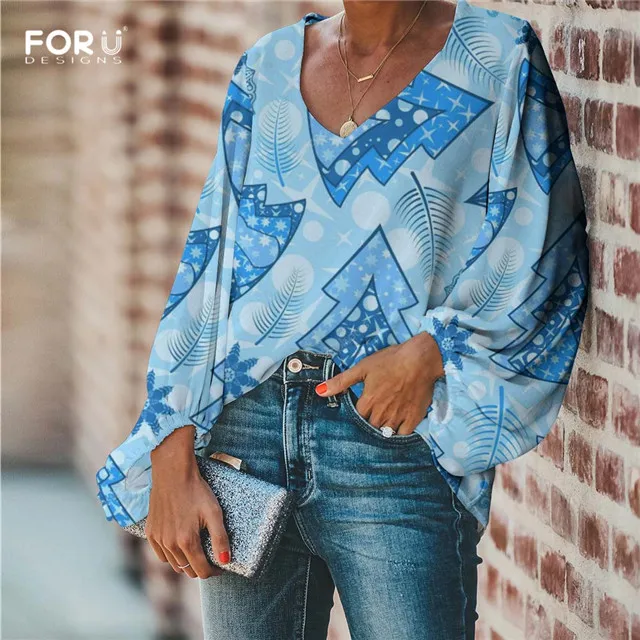 FORUDESIGNS/женские шифоновые блузки с v-образным вырезом, повседневные, с рукавом-шаром, красивые, с принтом снежинки, для девочек, мягкие, вечерние, для улицы, рубашки - Цвет: HMQ114B2