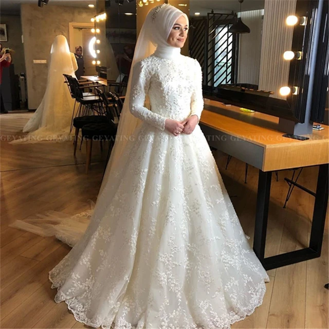 Funyue Muslim Wedding Gown For Bride 2023 Lace A-line Arabic Dubai Long  Sleeves Hijab Islamic Wedding Dress Veil Robe De Mariage - Wedding Dresses  - AliExpress