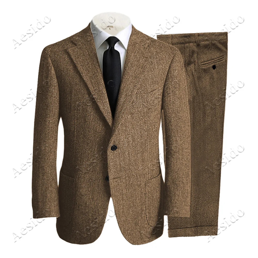 Aesido повседневные мужские костюмы Slim Fit 2 шт Шерсть Твид елочка буниснесс пиджак Выпускной Блейзер брюки классический костюм для свадьбы - Цвет: Brown