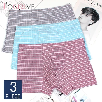 

Logirlve 3PCS Cotton Men's Underwear Plaid Large Size 4XL Underpanty Mid-Waist Breathable Hip Boxer Shorts Coffee Blue Gray