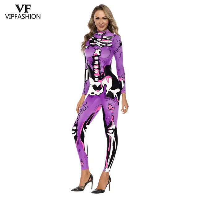 VIP FASHION Adult Skeleton Print Halloween Cosplay For Women Ghost Jumpsuit Party Carnival Performance Scary Costume Bodysuit 3