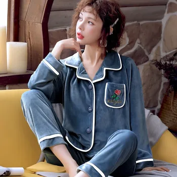 

Winter Women Sleep Set 2PCS Nightwear Flannel Pajamas Set Long Sleeve Warm Thick Homewear Pijamas Casual Soft Bathrobe Sleepwear