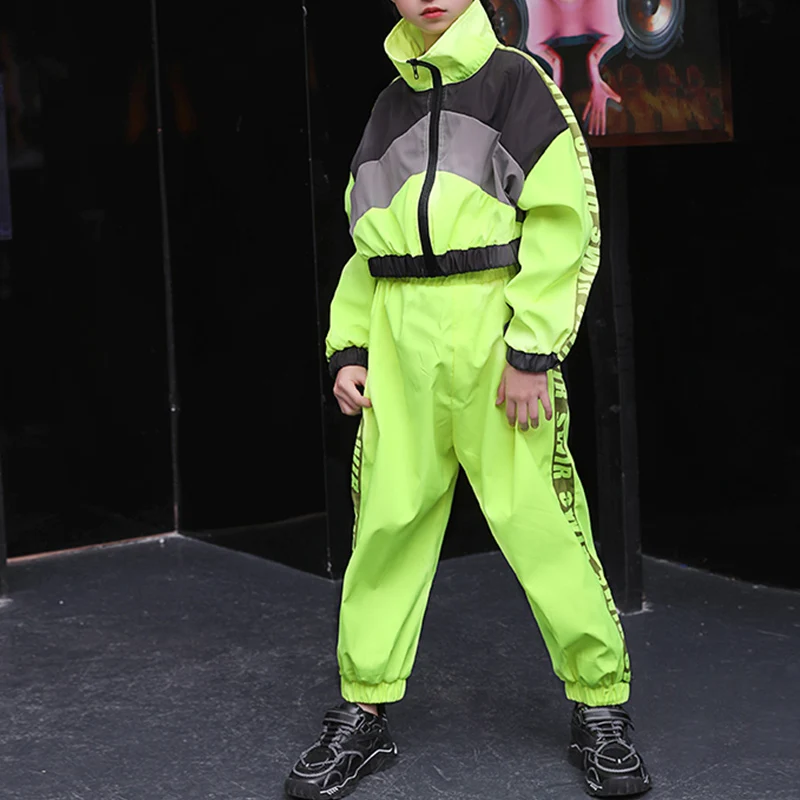 Coat and pant Детский костюм для джазовых танцев флуоресцентный зеленый костюм для выступлений одежда для девочек в стиле хип-хоп модная уличная одежда Одежда для танцев B1241 - Цвет: Coat and pant