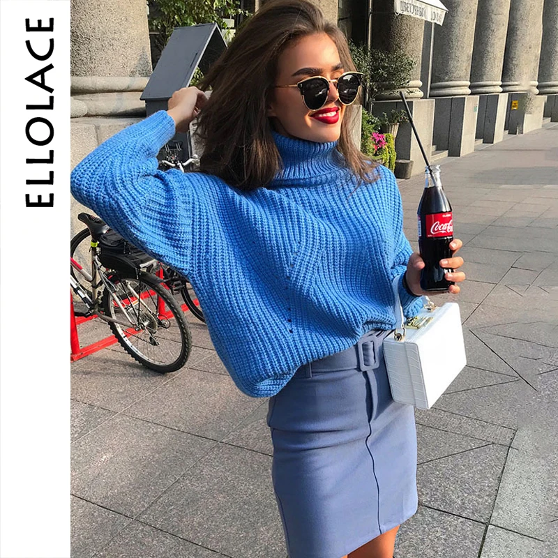 

Ellolace Blue Turtleneck Sweater for Women Pollover Knitted Women's Jumpers New Fashion Autumn Winter Pull Knit Casual Crochet
