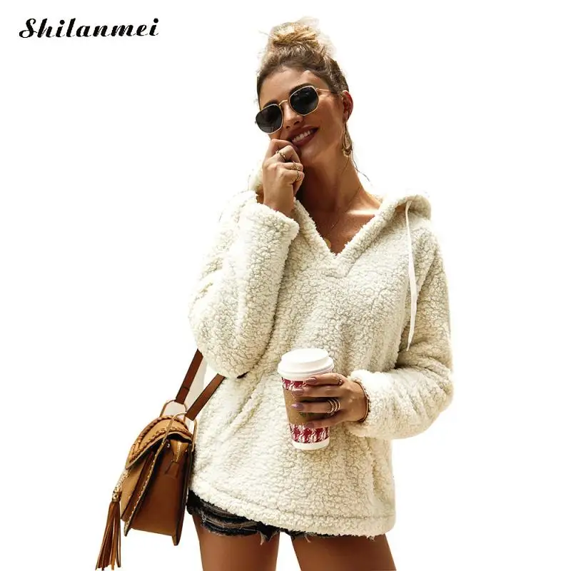 Women Fleece Hoodies Autumn Plush Casual Hooded Pullovers V Neck Female Sweatshirt Winter Warm Pocket Teddy Pullover Mujer - Цвет: off white