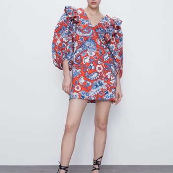 

2020 new summer women red Printed ruffled trim shoulder puff sleeves short dress chic ladies casual style female woman dresses